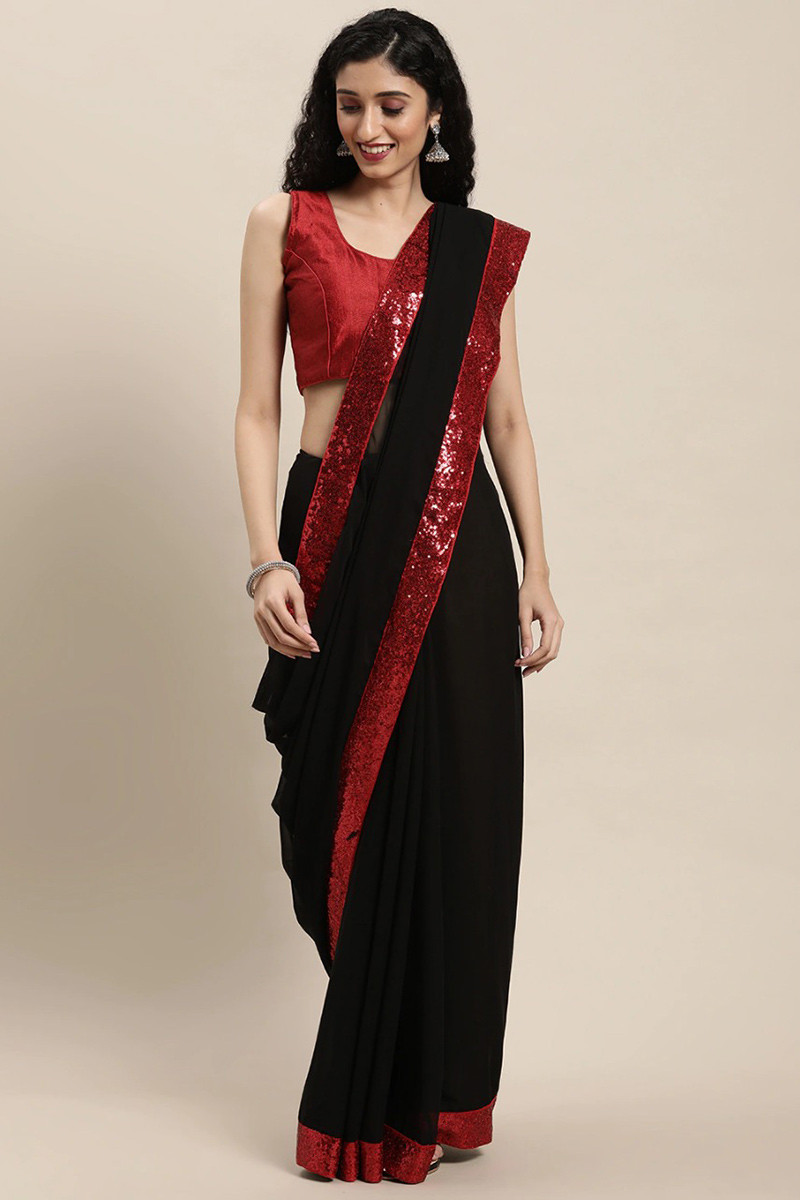 Classic Black Silk Saree with Maroon Blouse