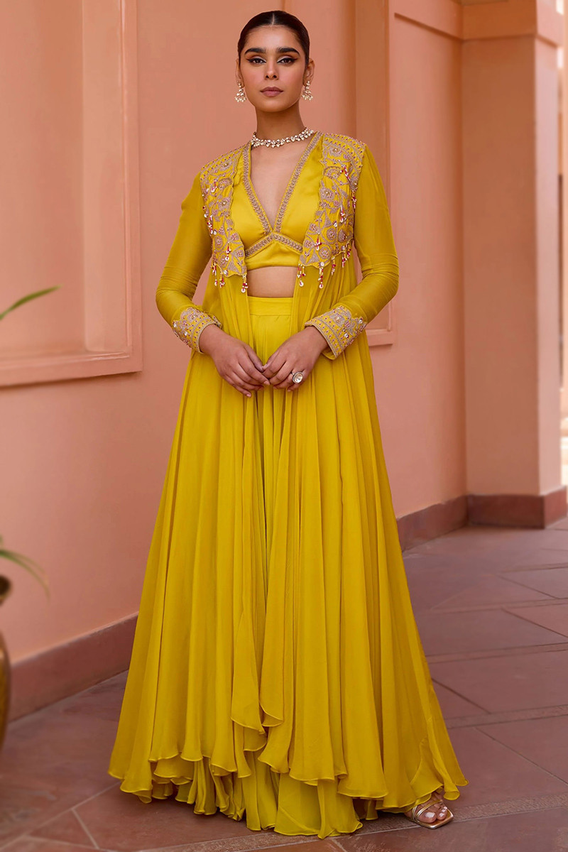 Plain Georgette Mustard Yellow Jacket Style Lehenga LLCV119239