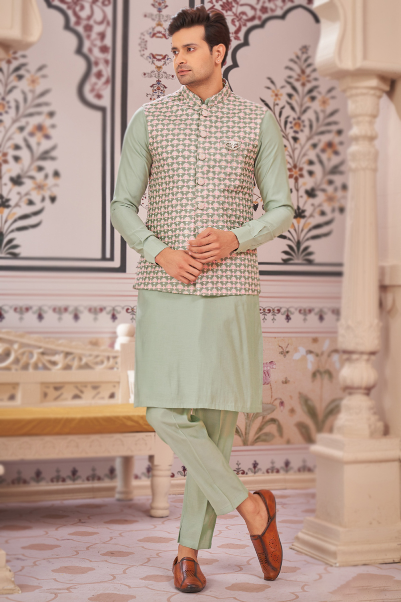 Plain Light Sage Green Jacket Style Silk Men's Kurta With Trouser Pants