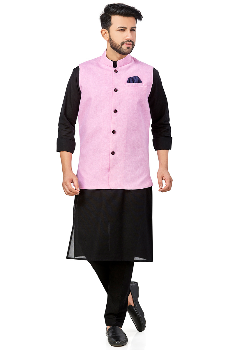 Plain Linen Black Men Kurta Pajama With Pink Wasitcoat