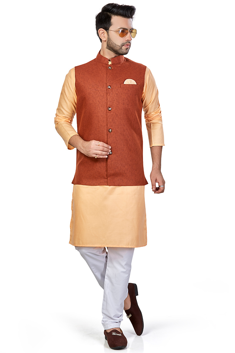 Plain Linen Light Peach Men Kurta With Churidar