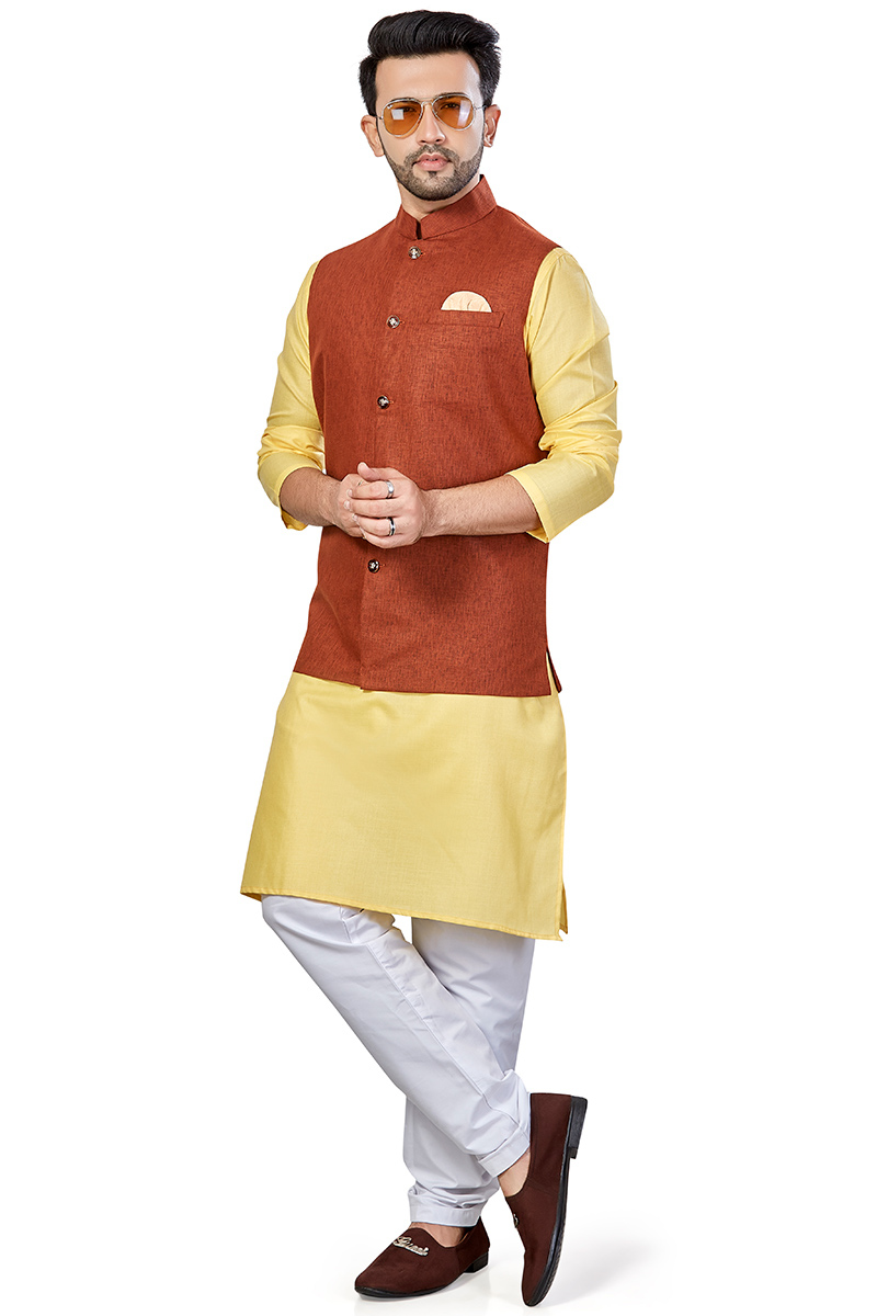 Plain Linen Light Yellow Men Kurta With Churidar 