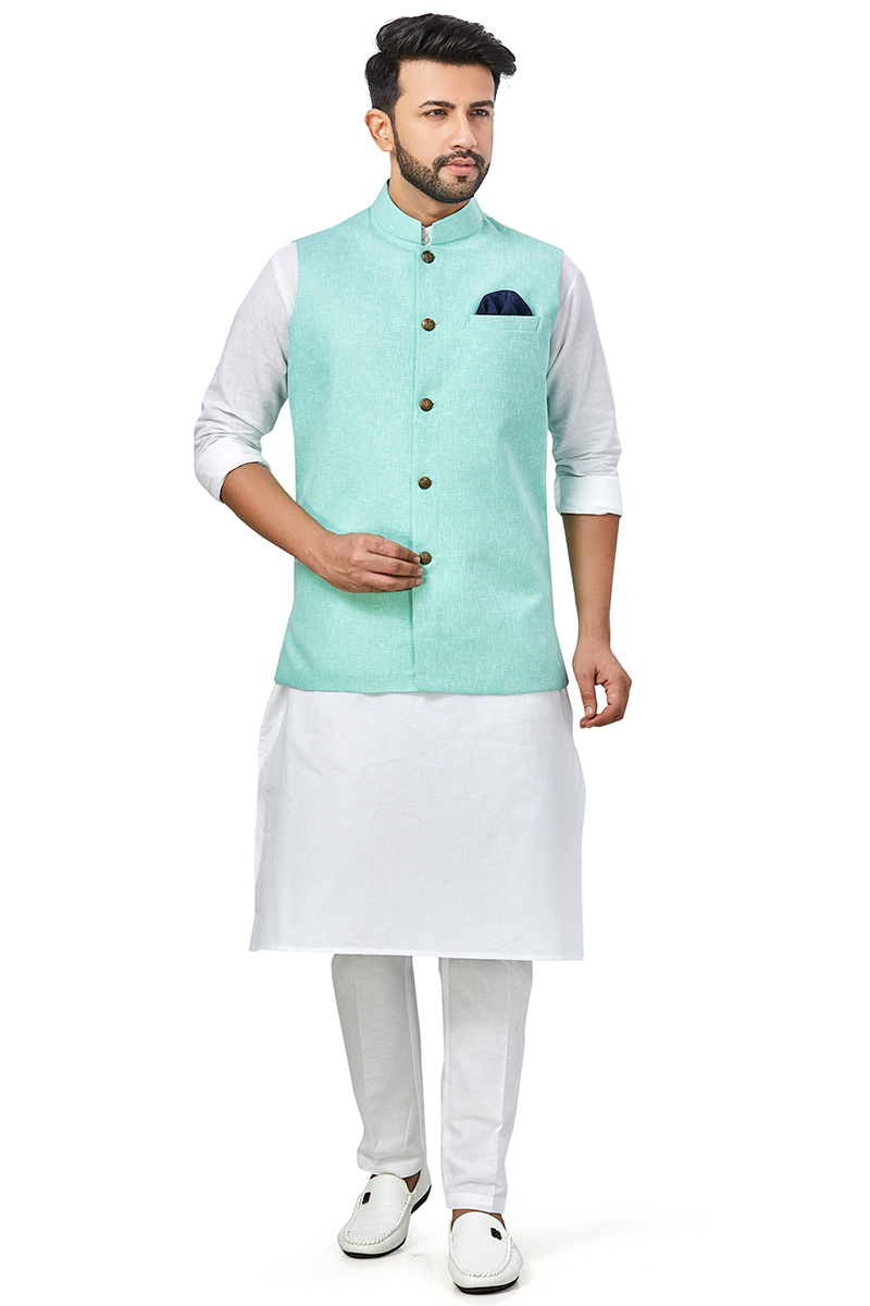 Plain Linen White Men Kurta Pajama With Mint Green Waistcoat