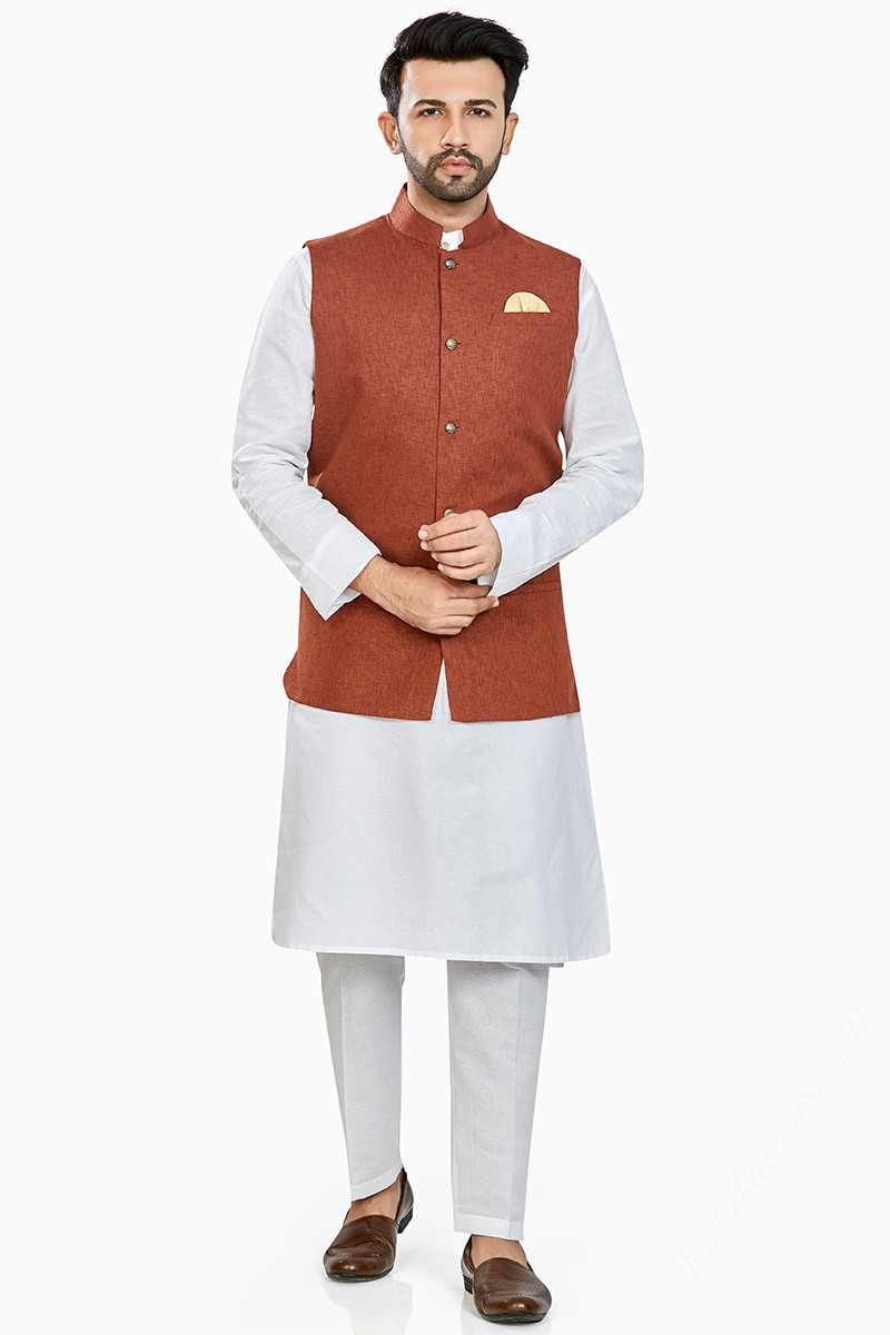 Buy Plain Linen White Men Kurta Pajama MKPA0361