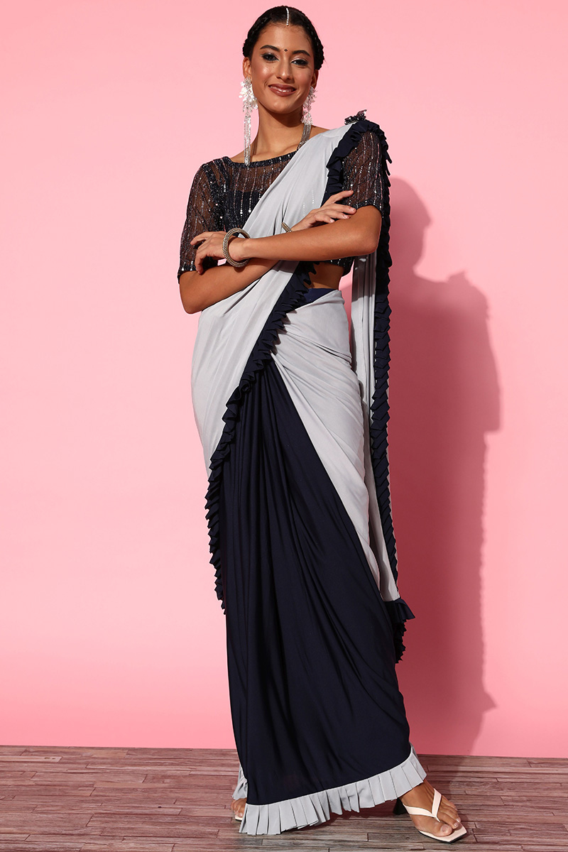 Plain Lycra Navy Blue And Grey Saree