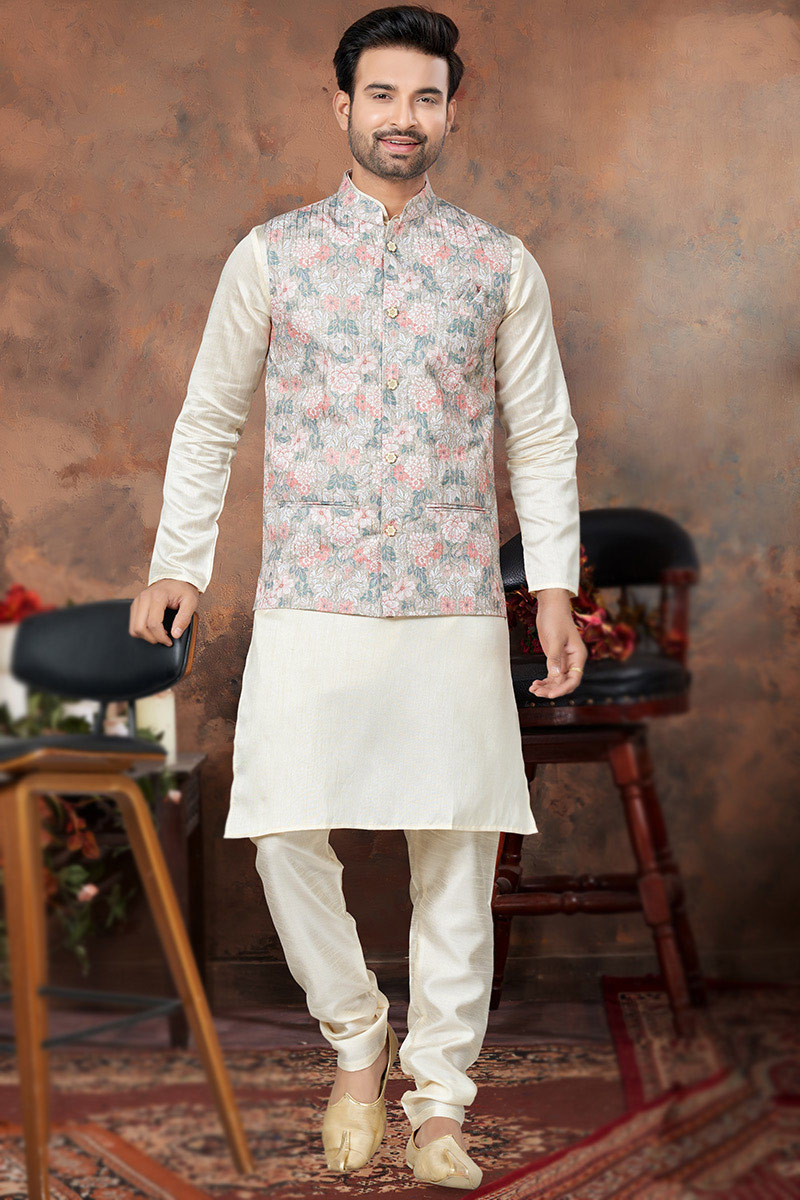 Plain Off White Silk Men s Kurta Churidar With Waistcoat