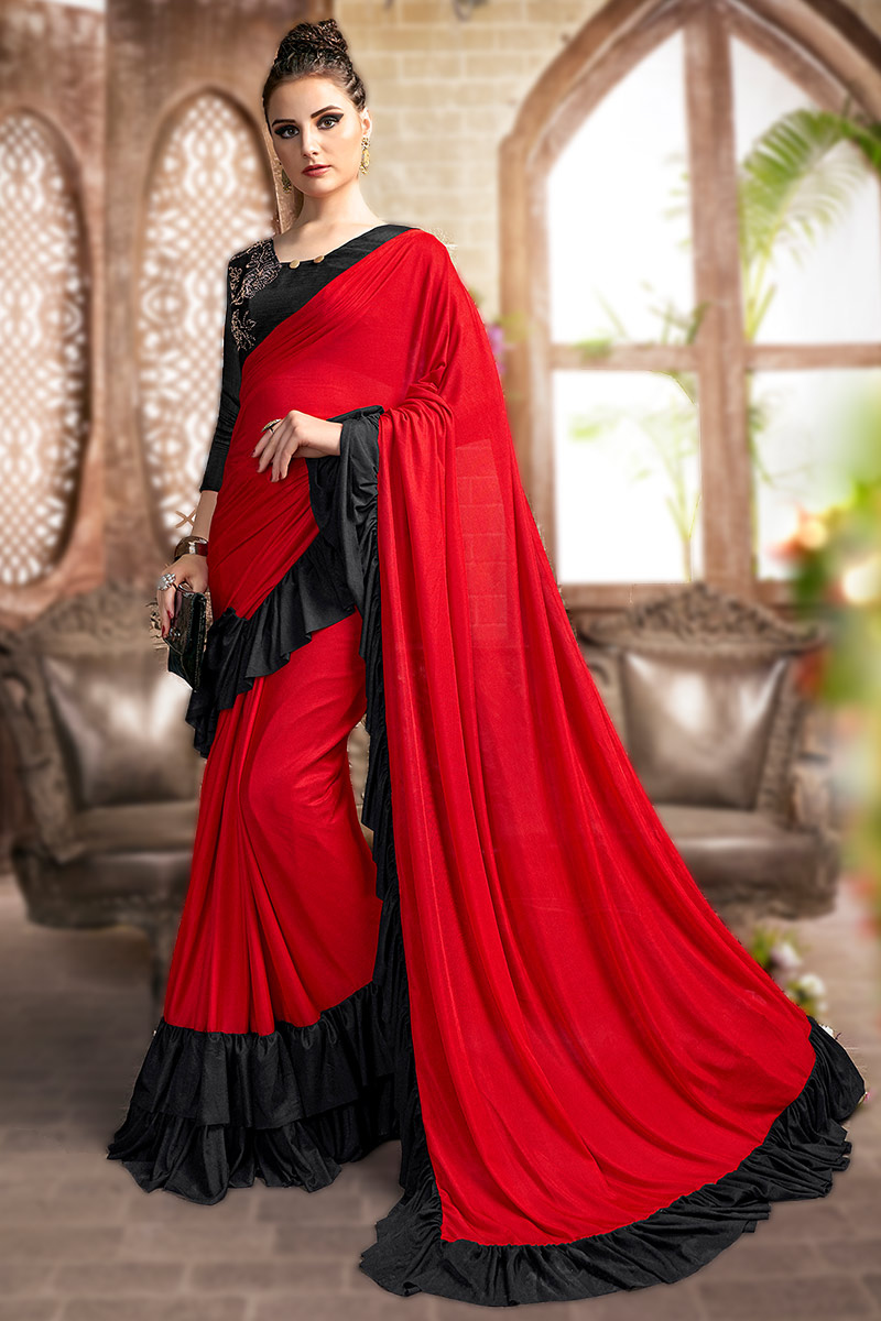 Plain Party Wear Lycra Red Saree