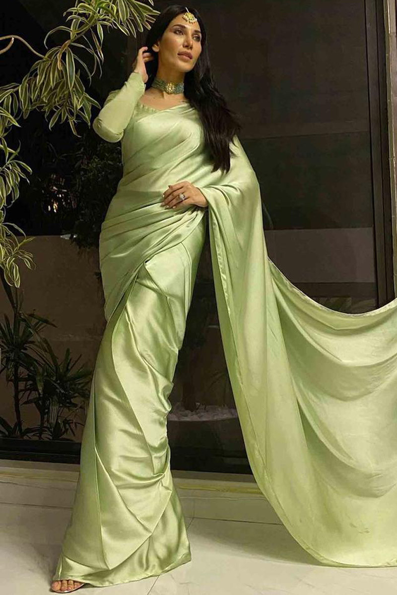 Pista Green Color Glitter Imported Silk Party Wear Fancy Saree