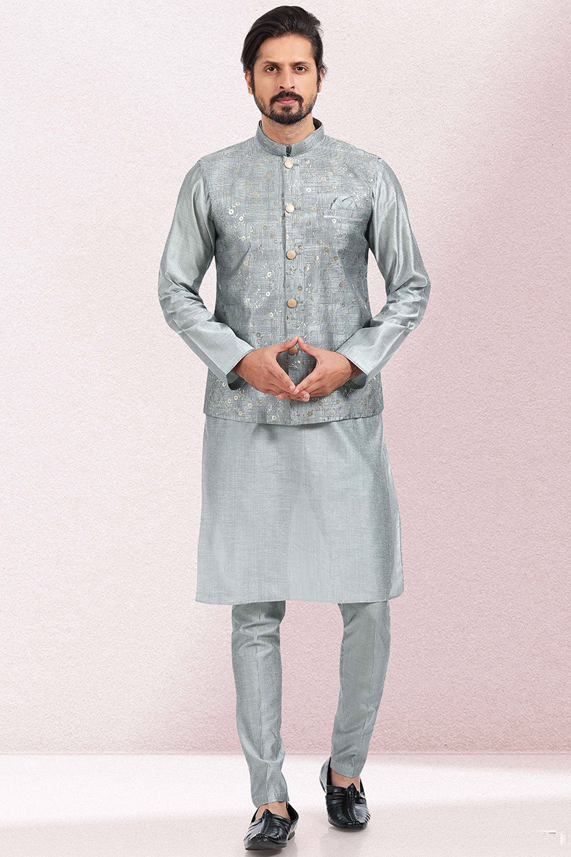 Plain printed Art Silk Light Grey Men Kurta Pajama