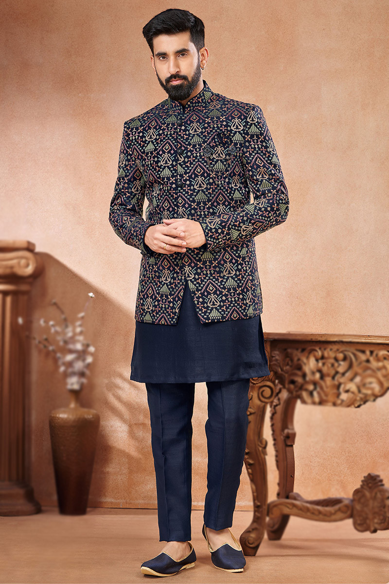 Plain Prussian Blue Silk Jacket Style Men s Kurta Pajama MKPA06595