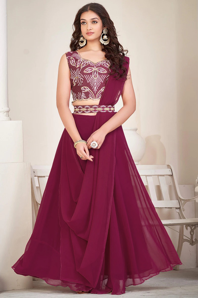 Plain Ruby Pink Georgette Flared Style Lehenga 