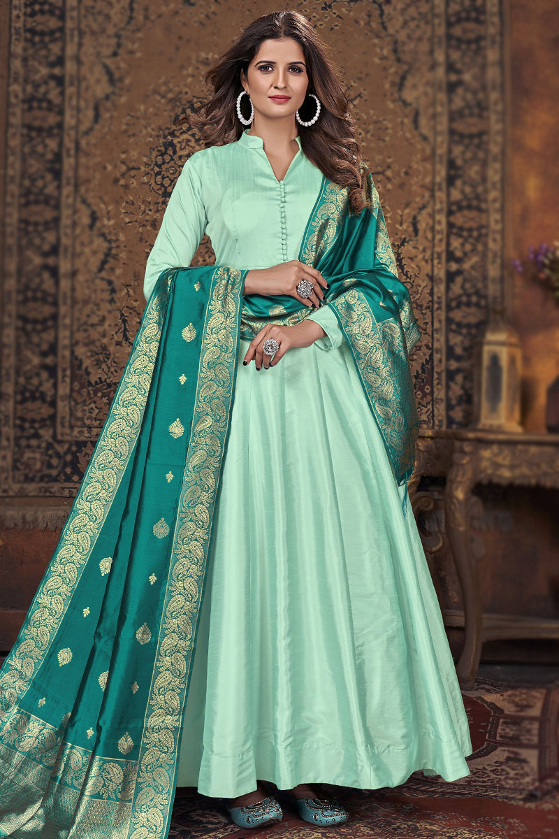 Plain Seafoam Green Silk Anarkali With Woven Dupatta LSTV120668