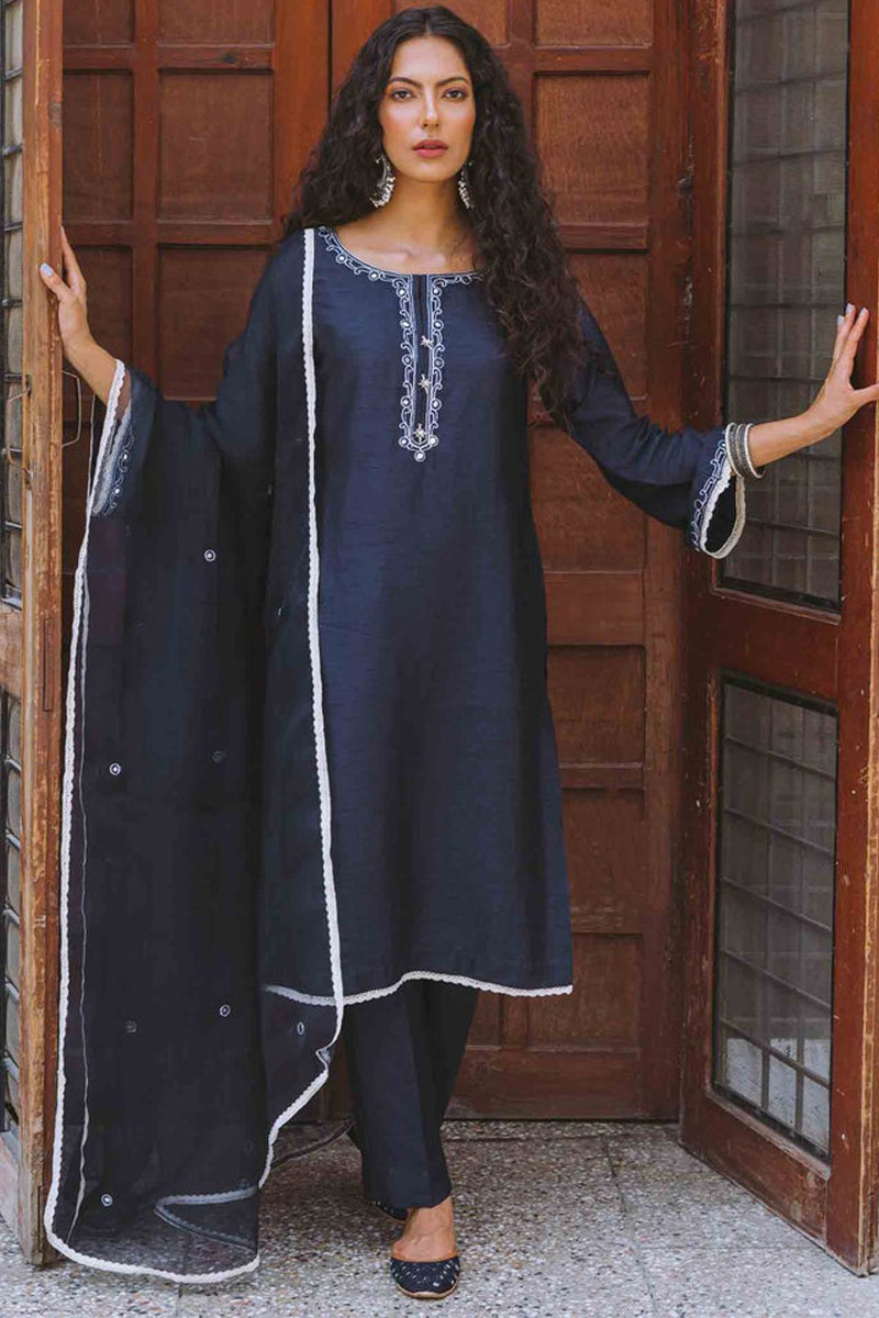 Buy Navy Blue Silk Pakistani Suit With Palazzo Pant Online - LSTV03969