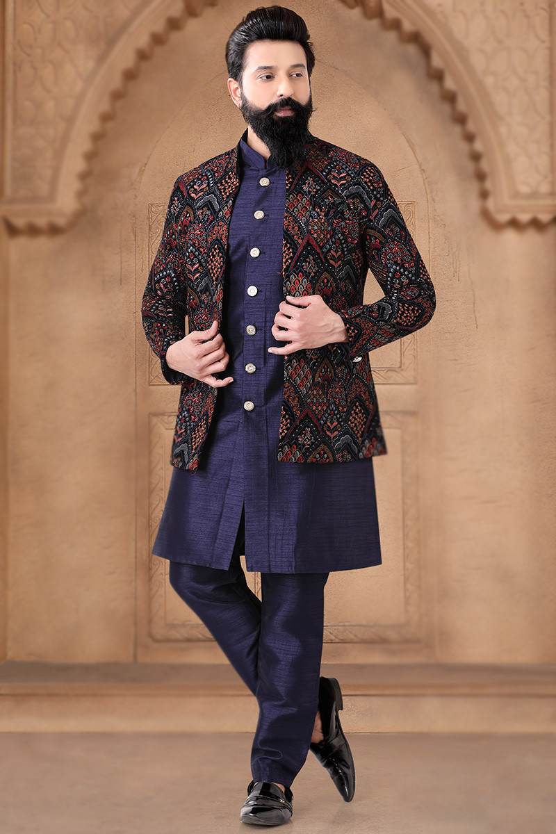 Plain Silk Navy Blue Jacket Style Men s Sherwani MSTV03859