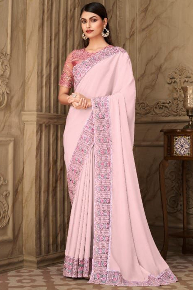 Soft Pink Organza Party Wear Saree With Contrast Blouse - Mejaaz Fashion