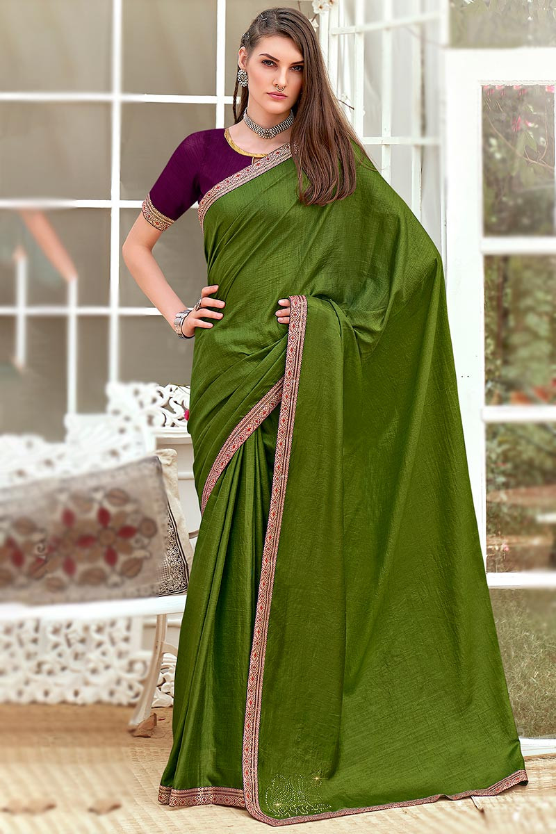 Green Floral Embroidered Vichitra Silk Saree