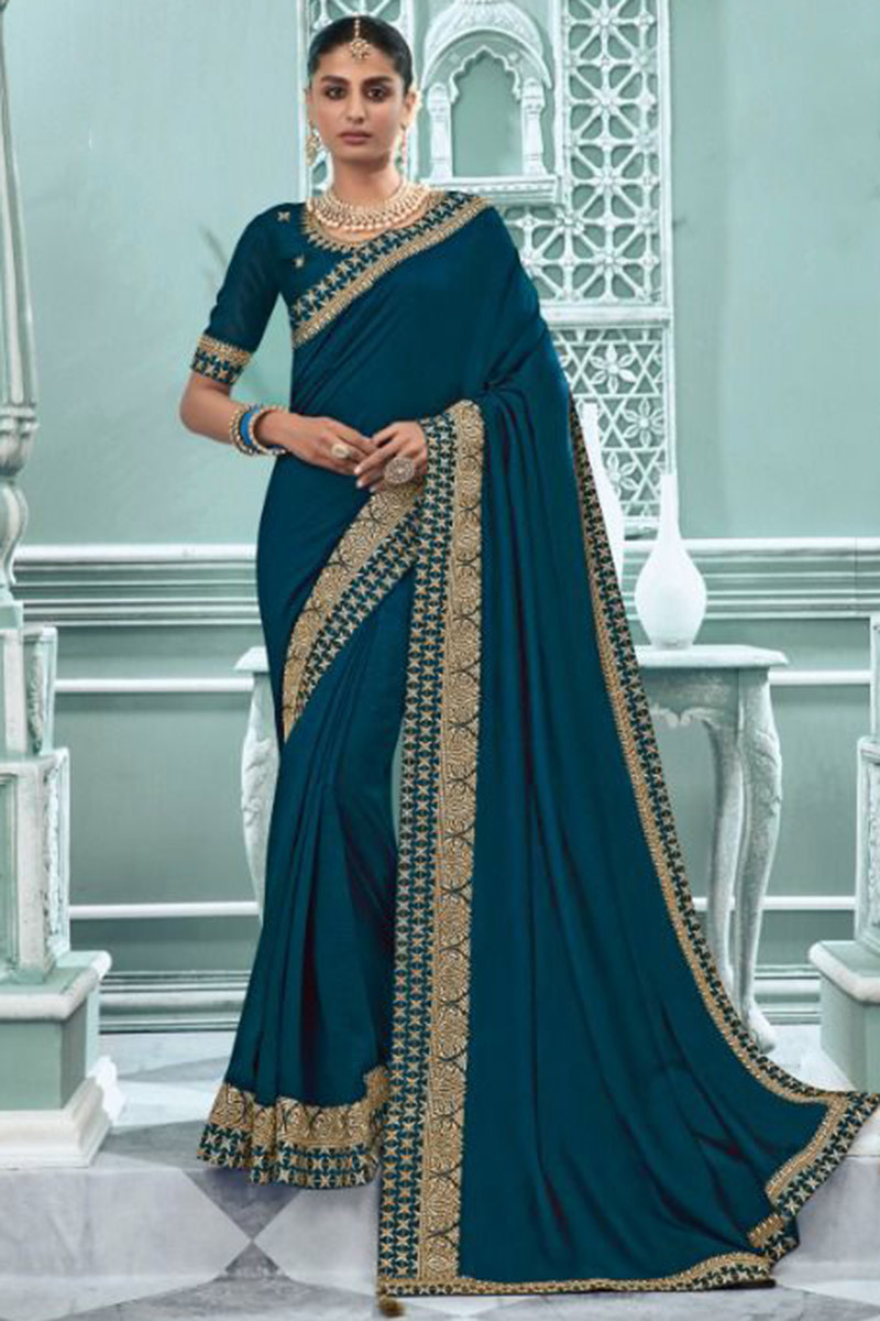 Art Silk Peacock Blue Saree