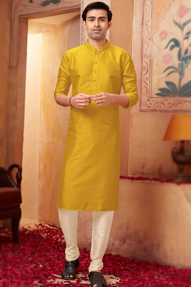 Plain Turmeric Yellow Poly Silk Men Kurta With Churidar
