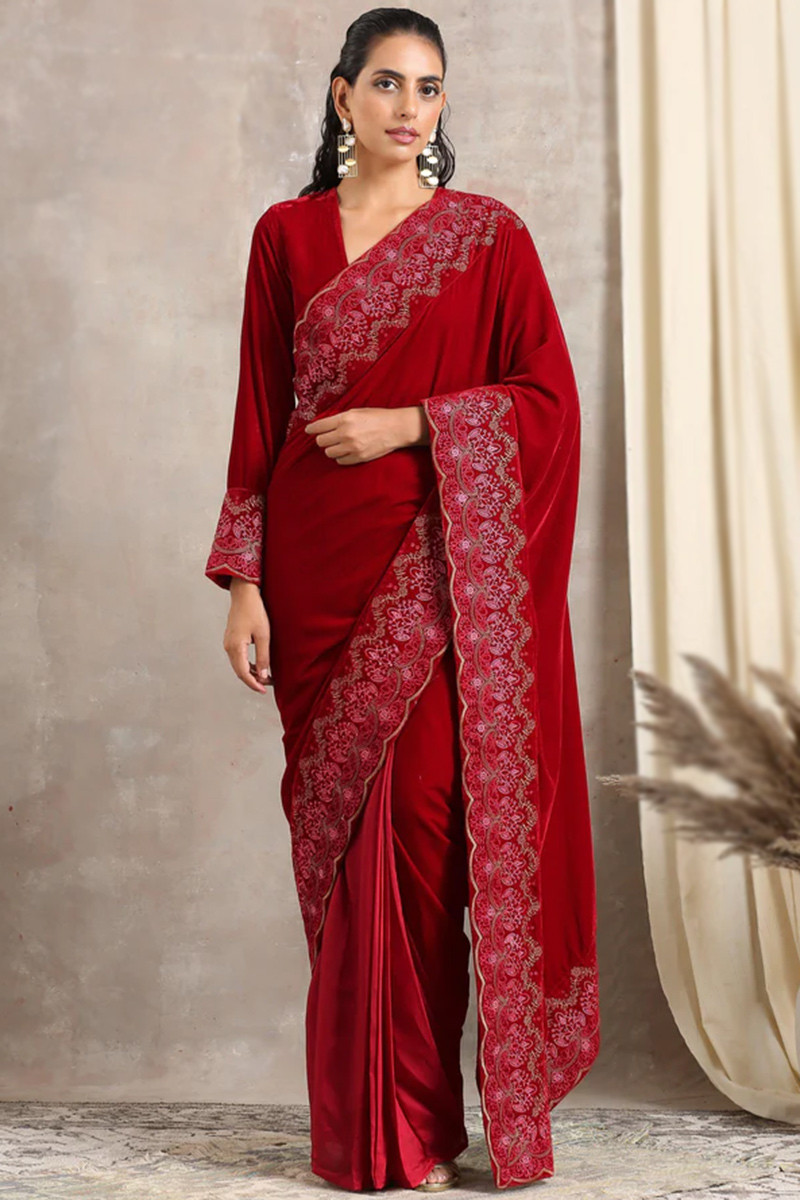 Red and Beige embroidered velvet saree with blouse - RCPC - 640162