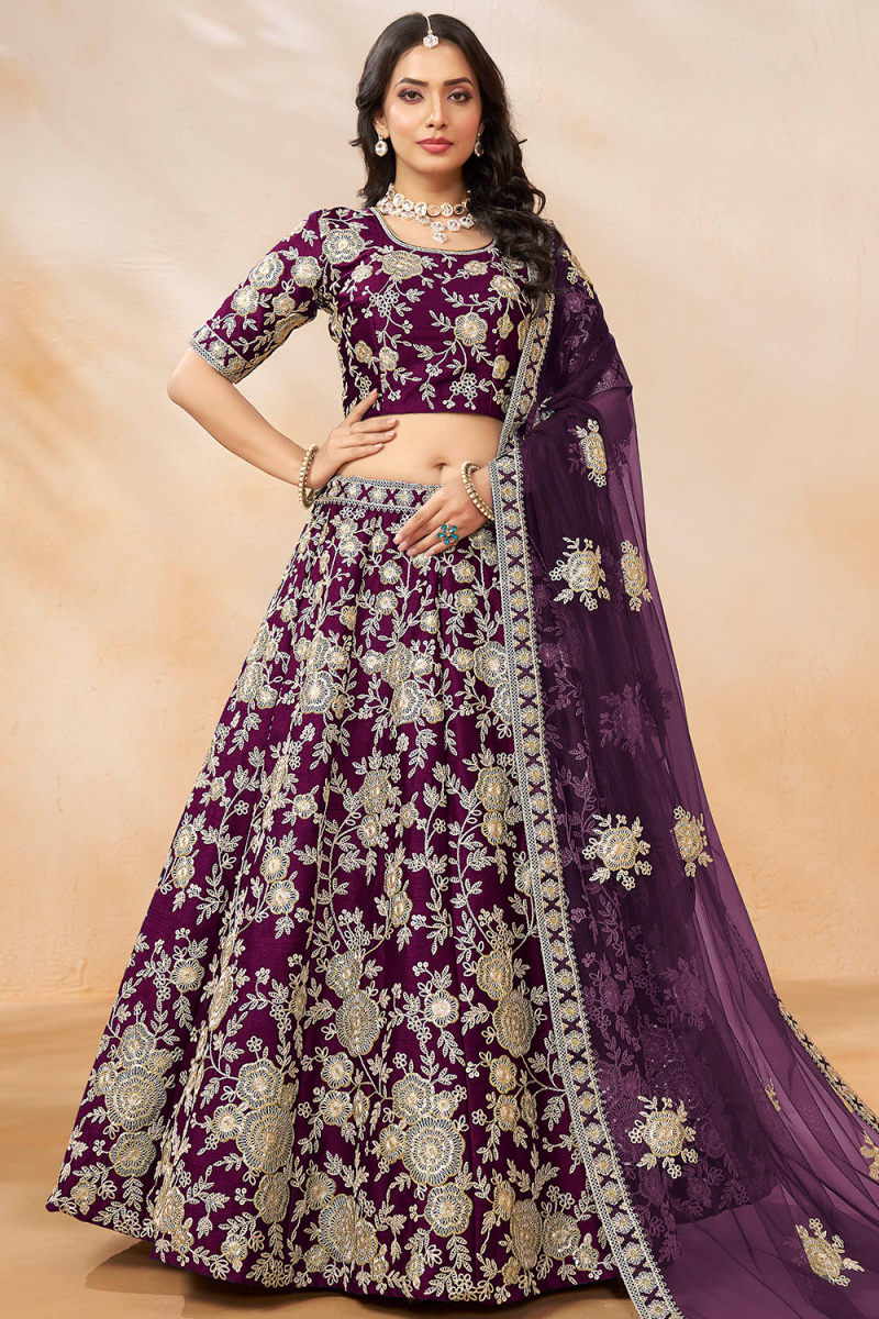 Plum Purple Art Silk Embroidered Panelled Style Lehenga
