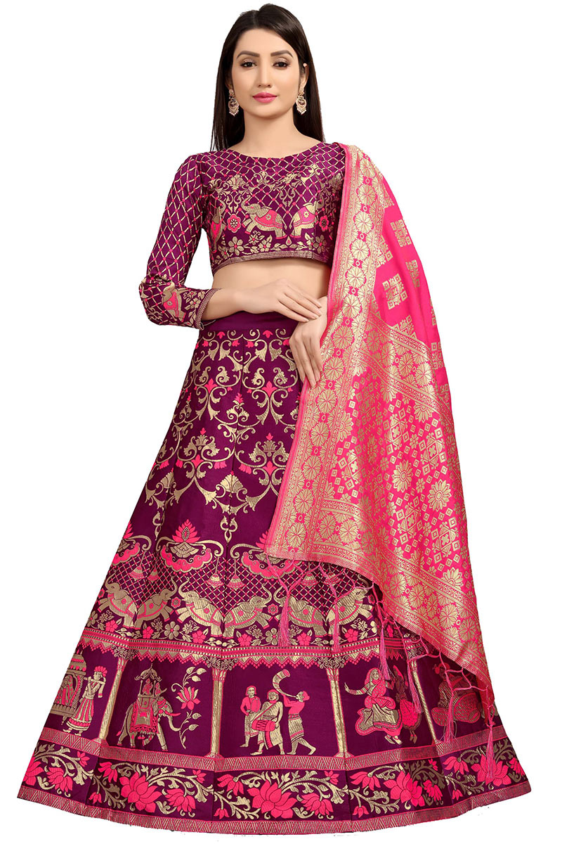 Plum Purple Banarasi Silk A-Line Lehenga