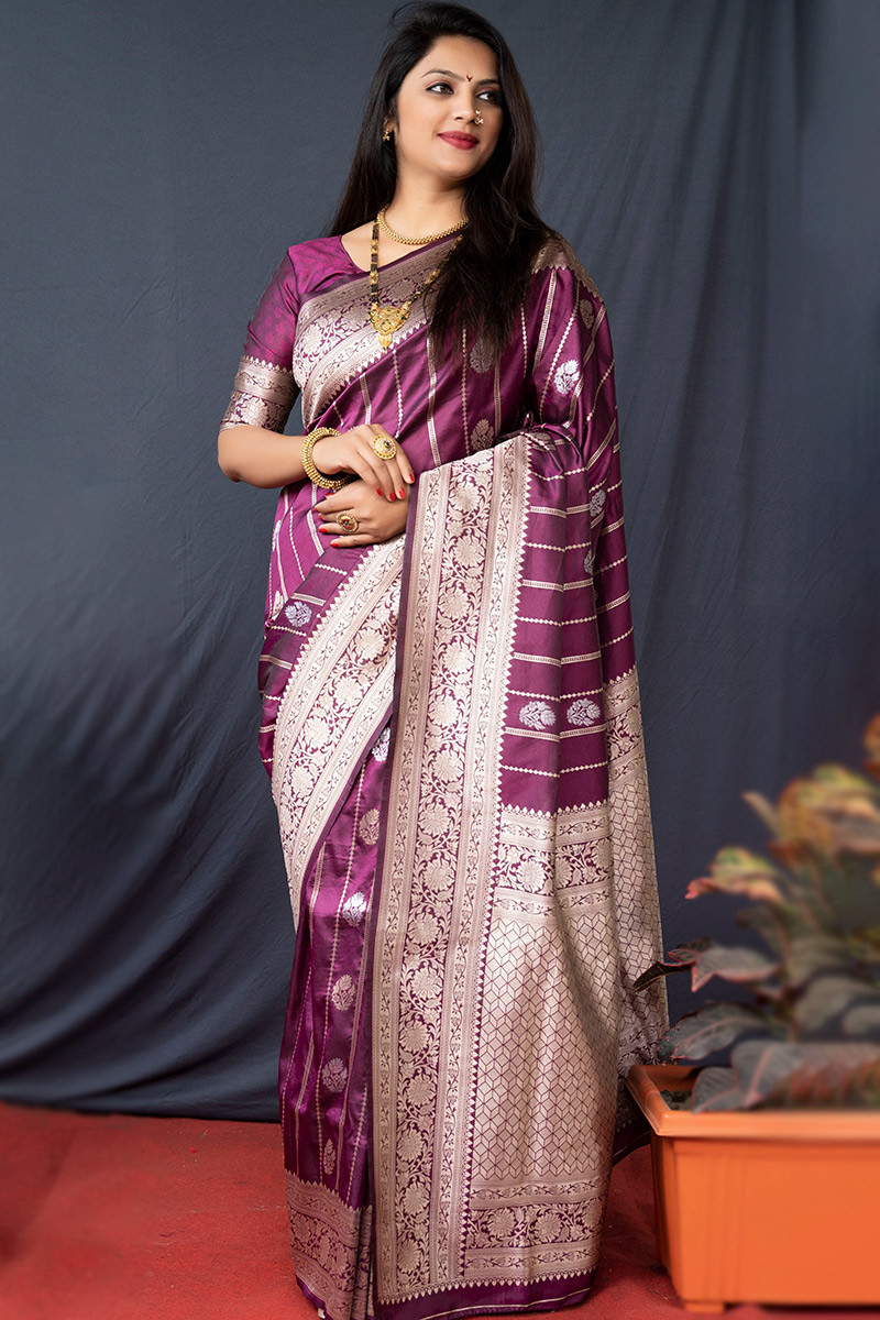 Plum Purple Wedding Wear Saree in Banarasi Silk