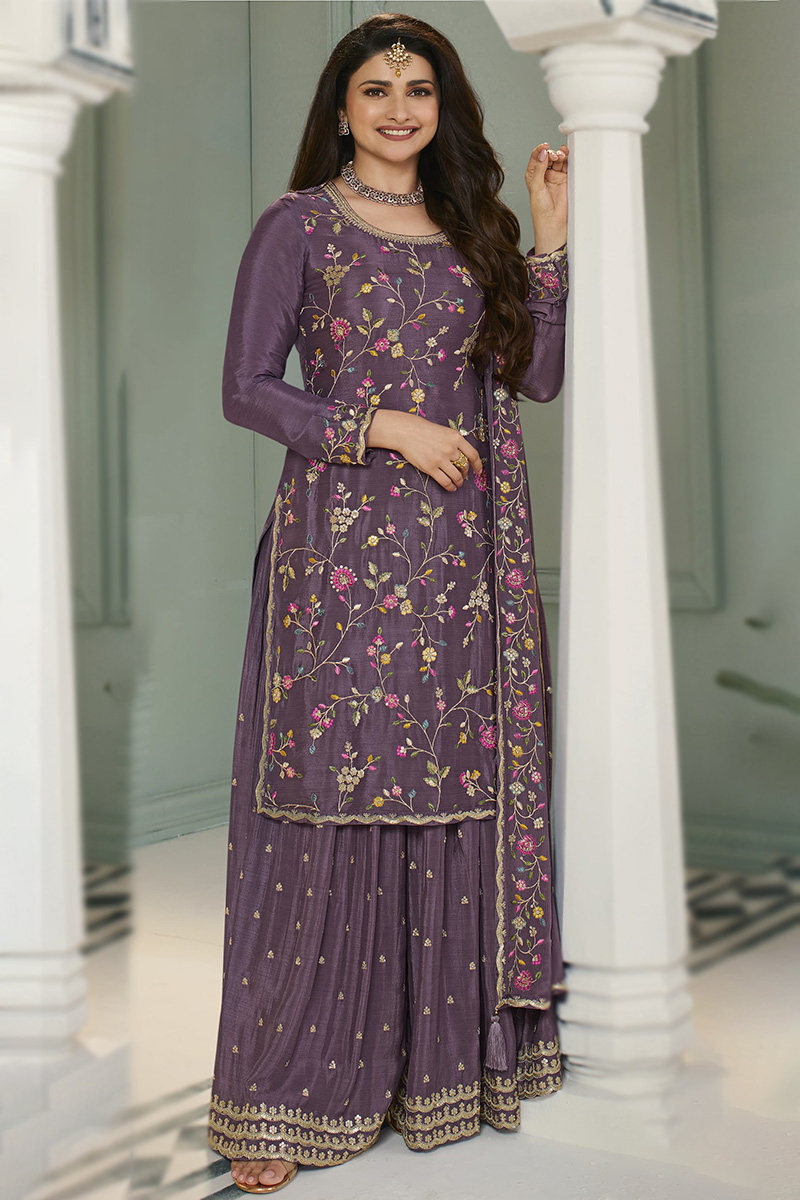 Plum Purple Chinnon Embroidered Wedding Wear Sharara Suit LSTV128922