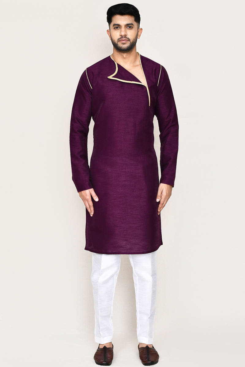 Plum Purple Dupion Silk Angrakha Style Men's Kurta Pajama