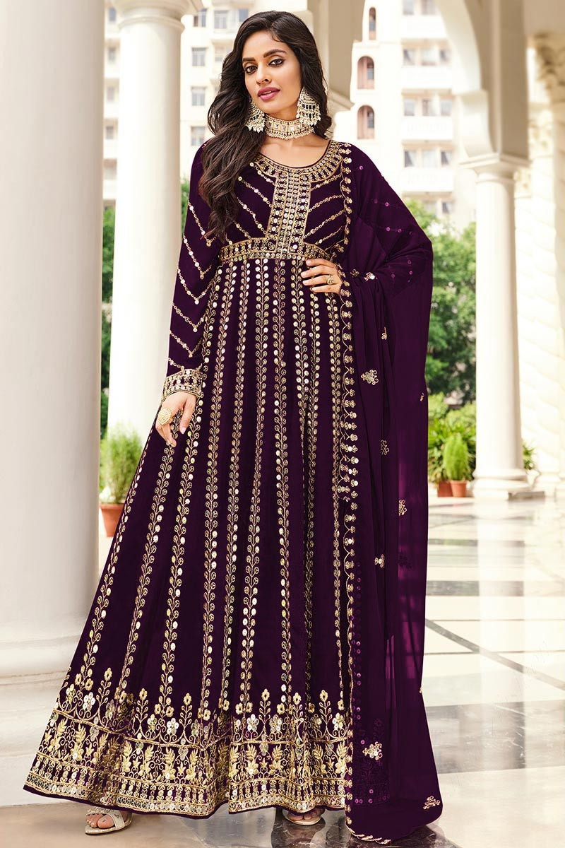 Cheap Fashion Sequins Embroidered Wine Anarkali Suit LSTV118340
