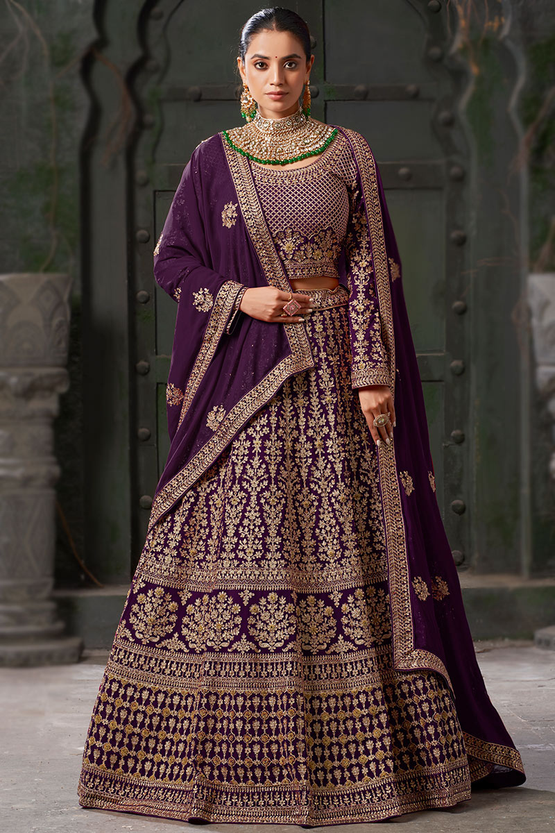 Plum Purple Georgette Embroidered Panelled Lehenga