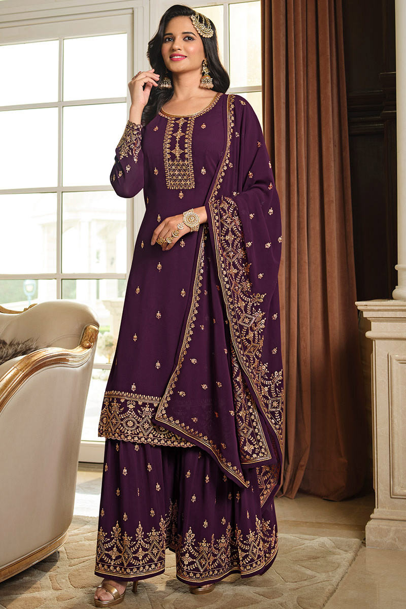 Wedding Dress Sharara Suit in Plum Purple Embroidered Fabric LSTV121438