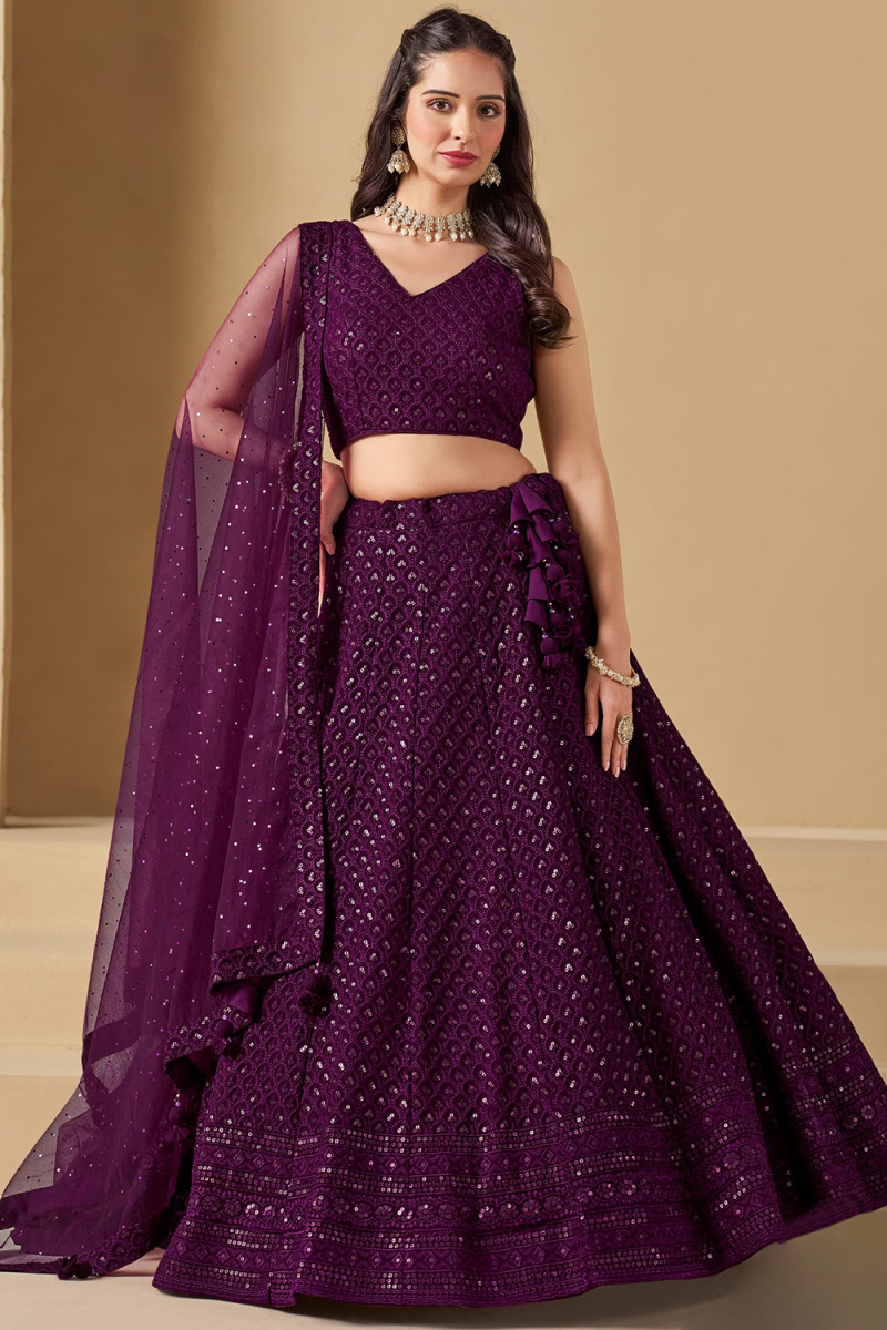 Plum Purple Georgette Panelled Style Lehenga with Sequins Work