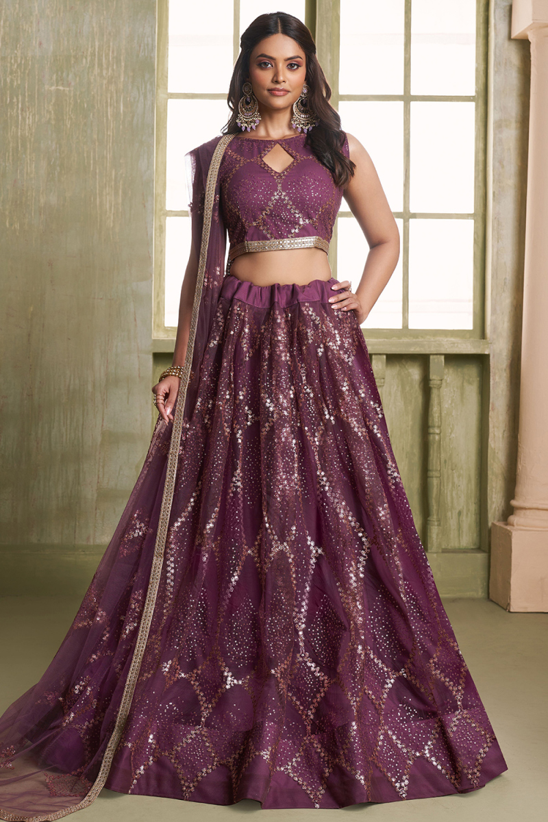 Plum Purple Net Embroidered Flared Style Lehenga
