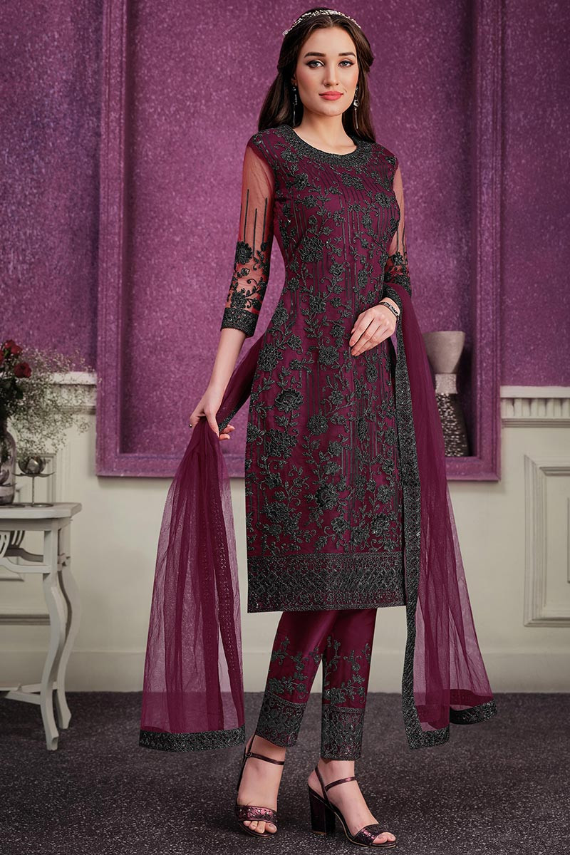 Light Wine Pakistani Designer Pant Style Suit - Vasu Sarees - 4088714