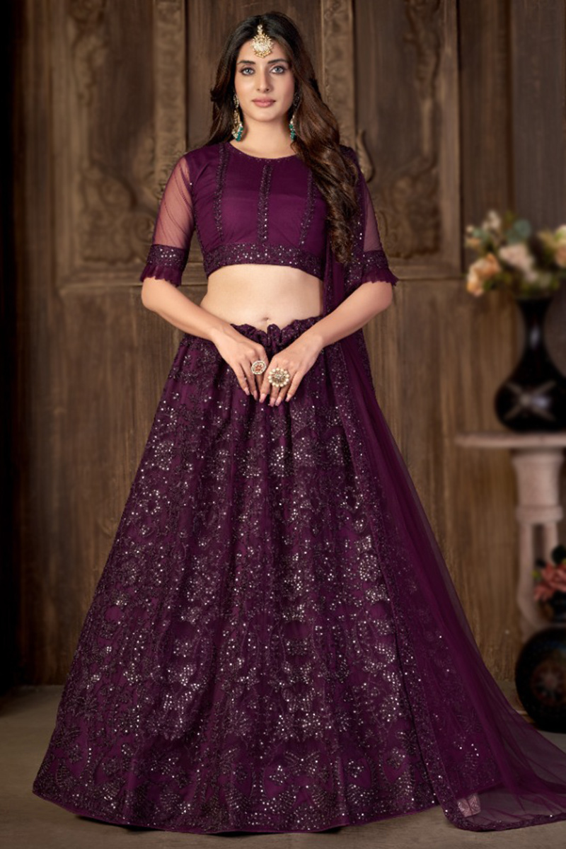 Plum Purple Net Embroidered Panelled Style Lehenga