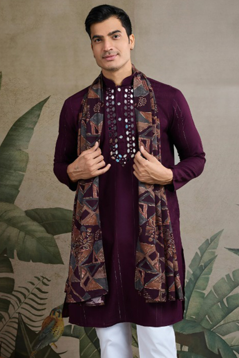 Plum Purple Rayon Embroidered Men's Kurta With Printed Dupatta