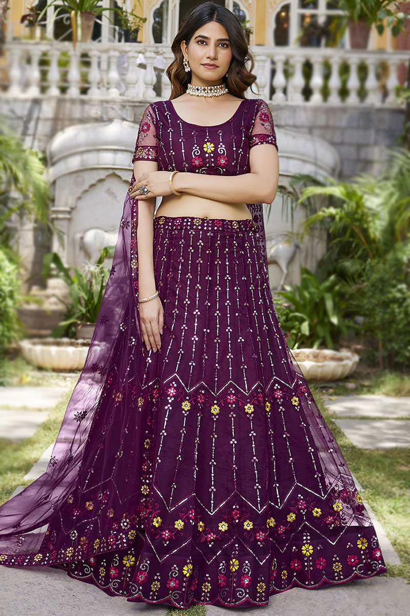 Plum Purple Sequins Embroidered Net Flared Style Lehenga