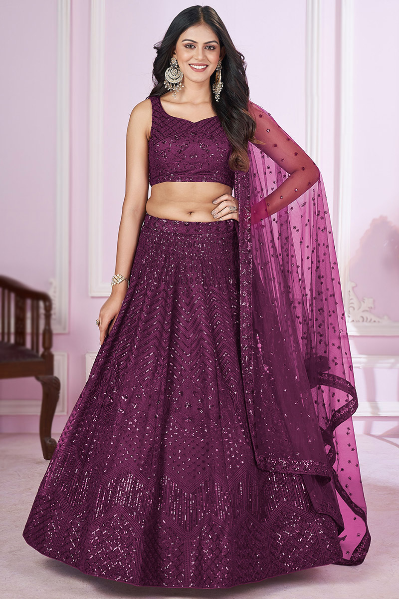 Plum Purple Sequins Embroidered Net Panelled Lehenga