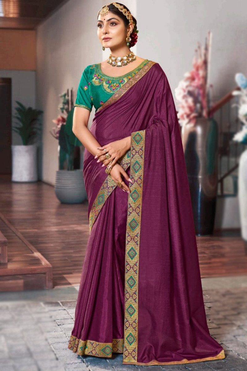 Purple With Green Border Silk Traditional Saree – paanericlothing