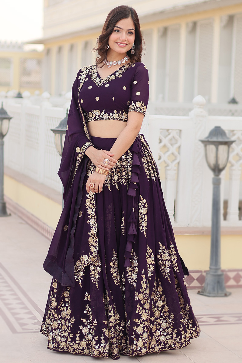 Plum Purple Zari Embroidered Flared Style Georgette Lehenga