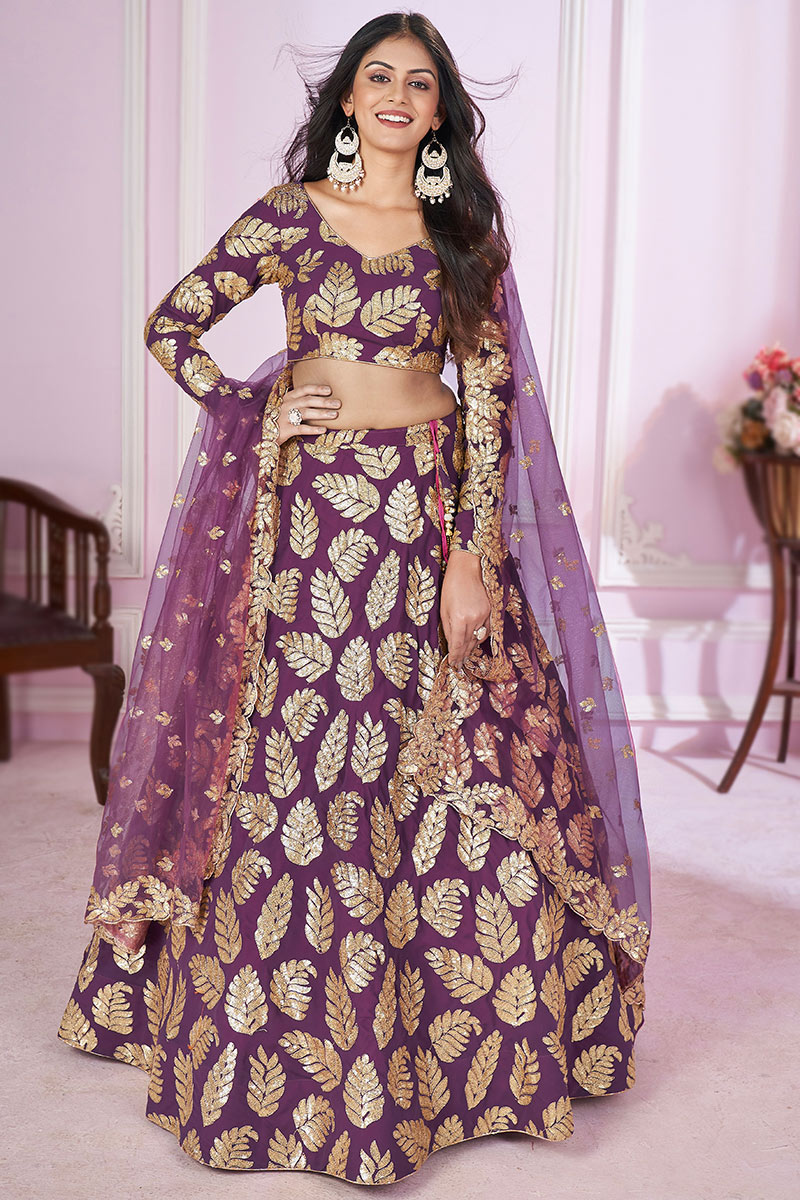Plum Purple Zari Embroidered Georgette A Line Lehenga