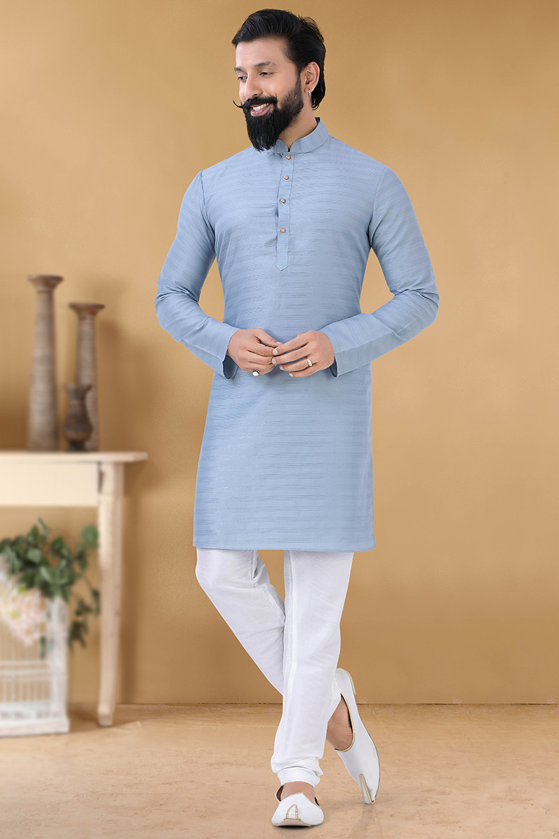 Powder Blue Cotton Men s Churidar Kurta with Lurex Thread