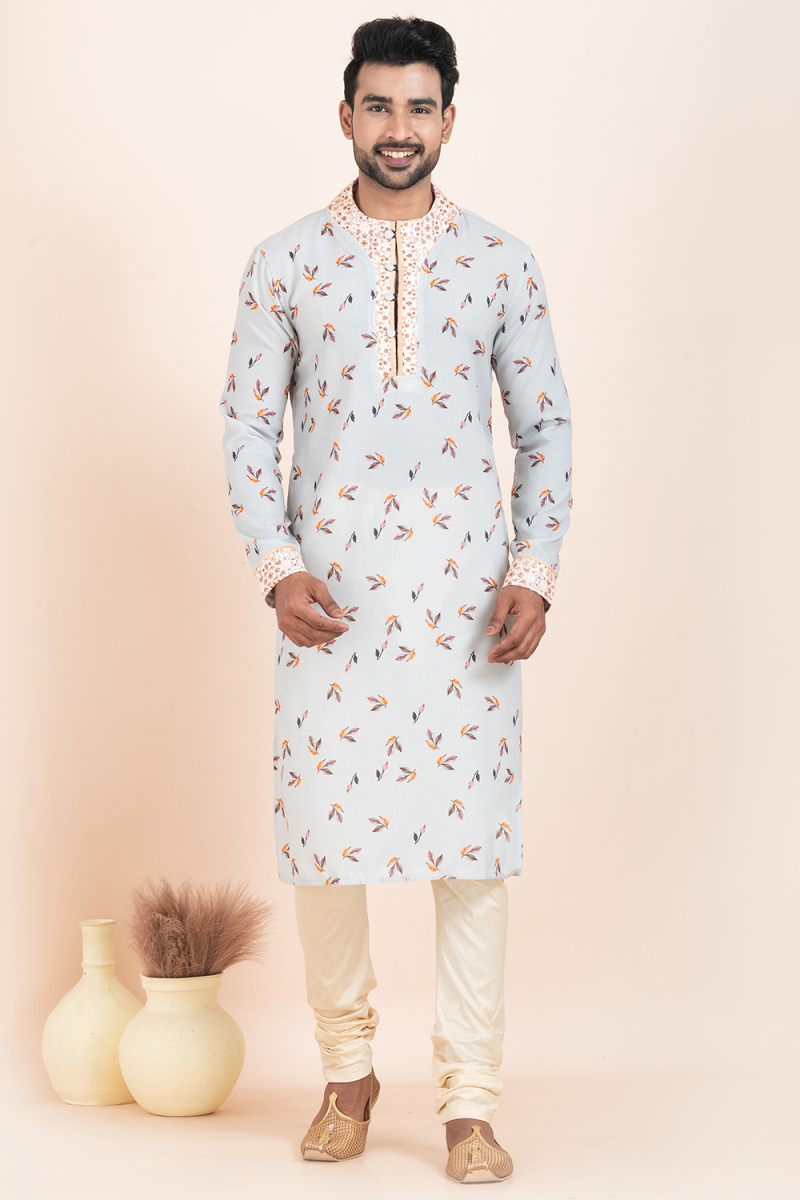 Powder Blue Cotton Silk Men's Kurta Churidar With Printed Work