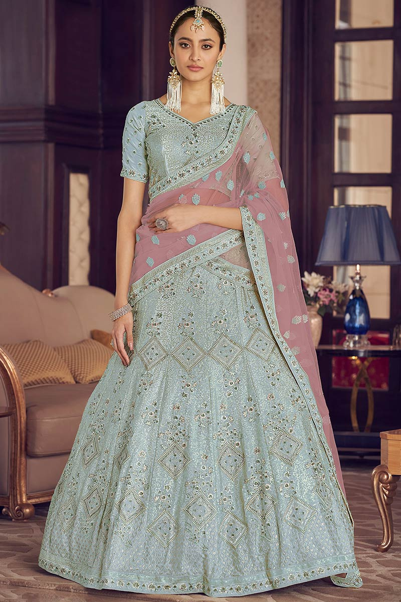 Powder Blue Crepe Embroidered Lehenga