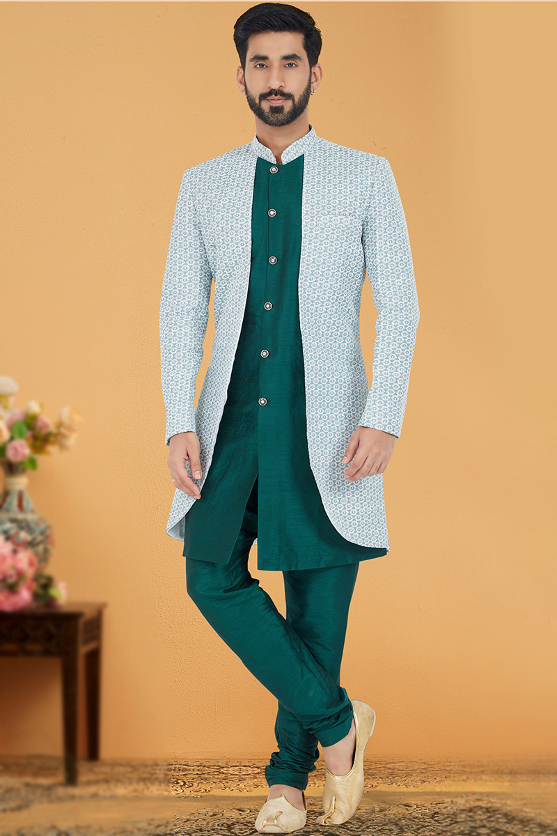 Powder Blue Dupion Silk Jacket Style Men Sherwani