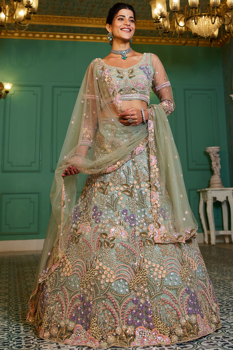 Powder Blue Net Embroidered Panelled Style Lehenga