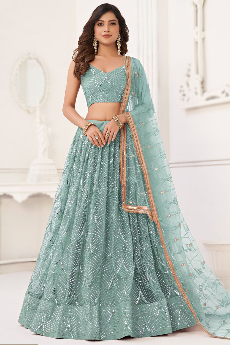 Powder Blue Sequins Embroidered Net Flared Lehenga