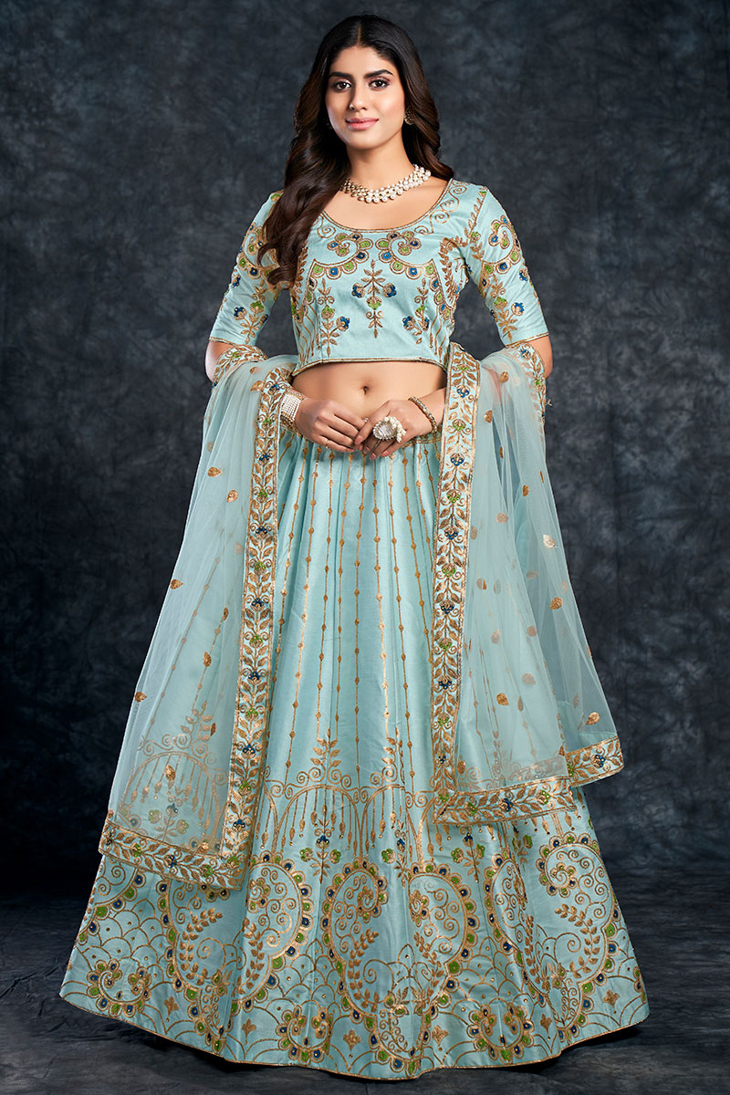 Stone Work Powder Blue Lehenga in Silk for Party 