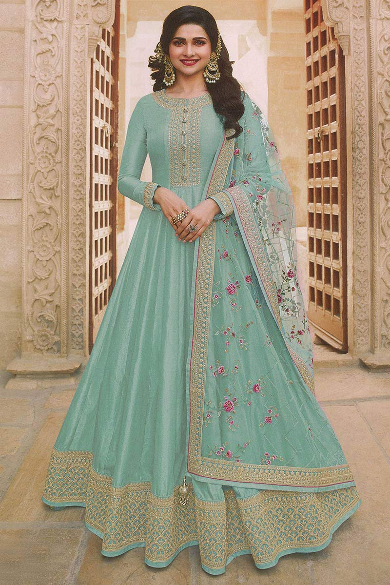 Seafoam Green Soft Silk Anarkali Suit With Churidar