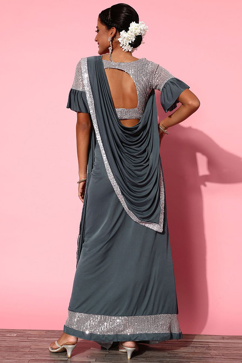 Silver Bridesmaid Pre-Stitched Lycra Saree